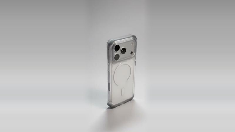 Coque transparente Rhinoshield Clear X sur un smartphone, fond gris clair